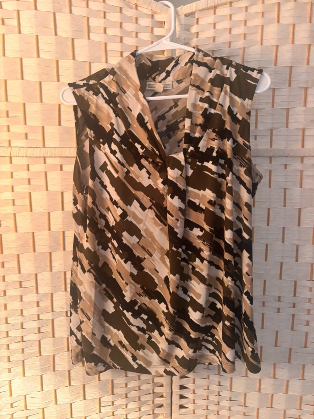 Dana Buchman Sleeveless V-Neck Camouflage Print Top - Tan, Black, Cream
